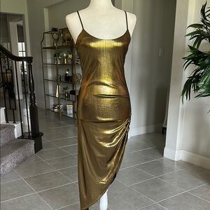 Popular 21 Gold Asymmetrical Ruched Slip Dress